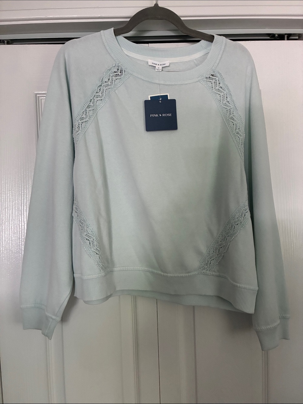 Pink Rose Light Mint Lace-Trim Crewneck Sweatshirt